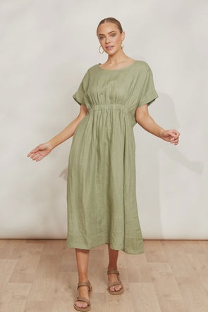 Picture yourself sipping cocktails by the pool or strolling through a charming villa courtyard—the Sojourn Dress is your go-to for those luxurious weekend getaways! This 100% linen midi dress features a round neck, an elastic waist detail and a flowing skirt to ensure you look and feel your best. Complete the look with a sunhat and sandals, and you're ready for your next summer adventure!