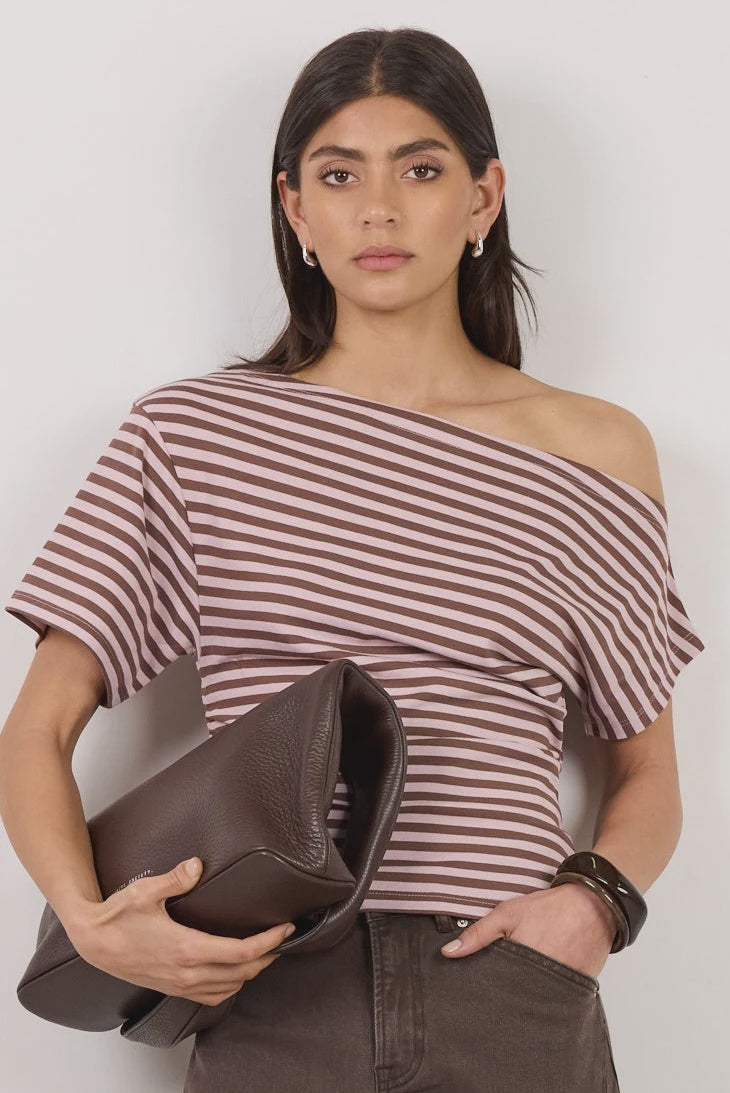 Distant Blush and Mocha Stripe Cotton Blend Off Shoulder Tee
