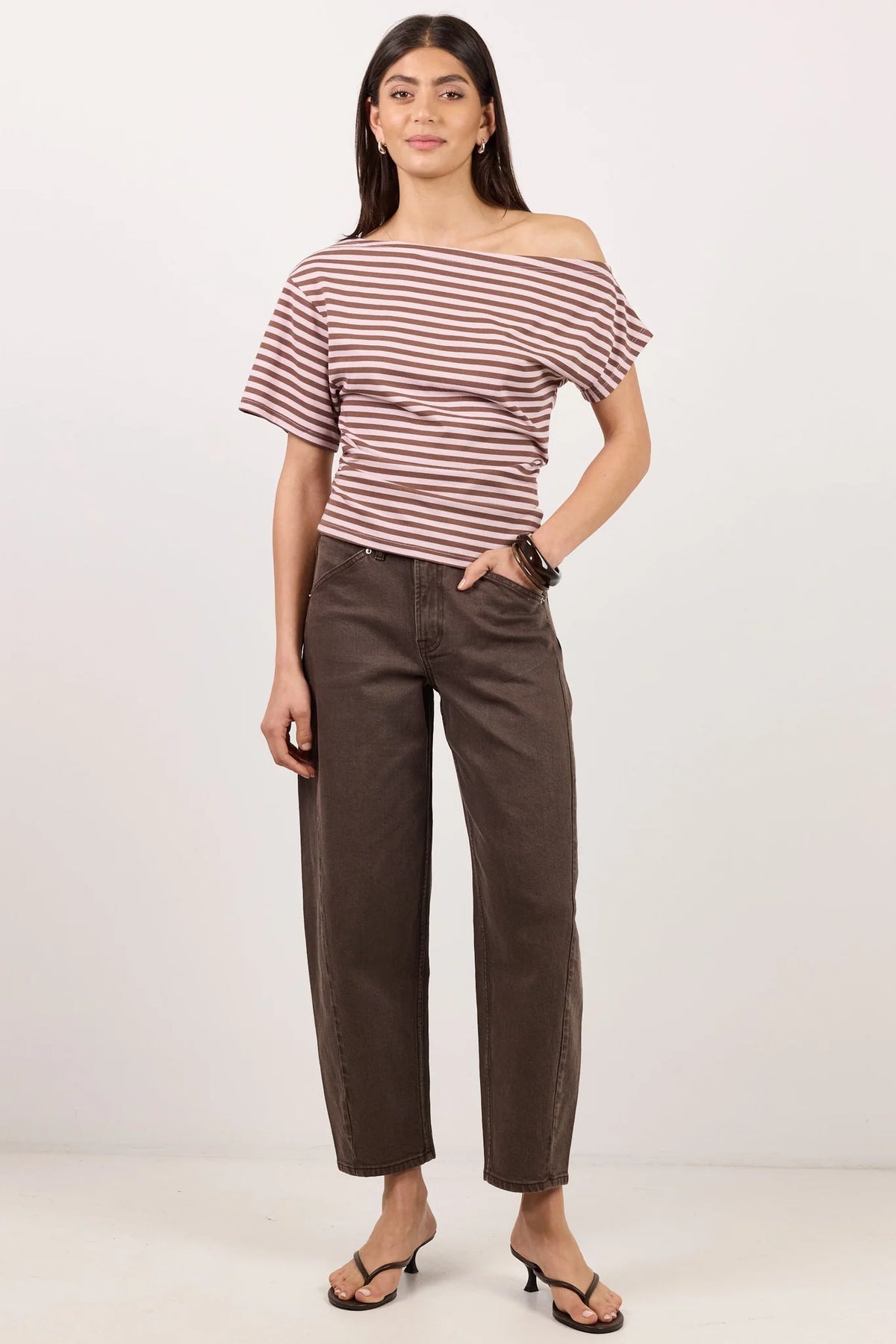 Distant Blush and Mocha Stripe Cotton Blend Off Shoulder Tee