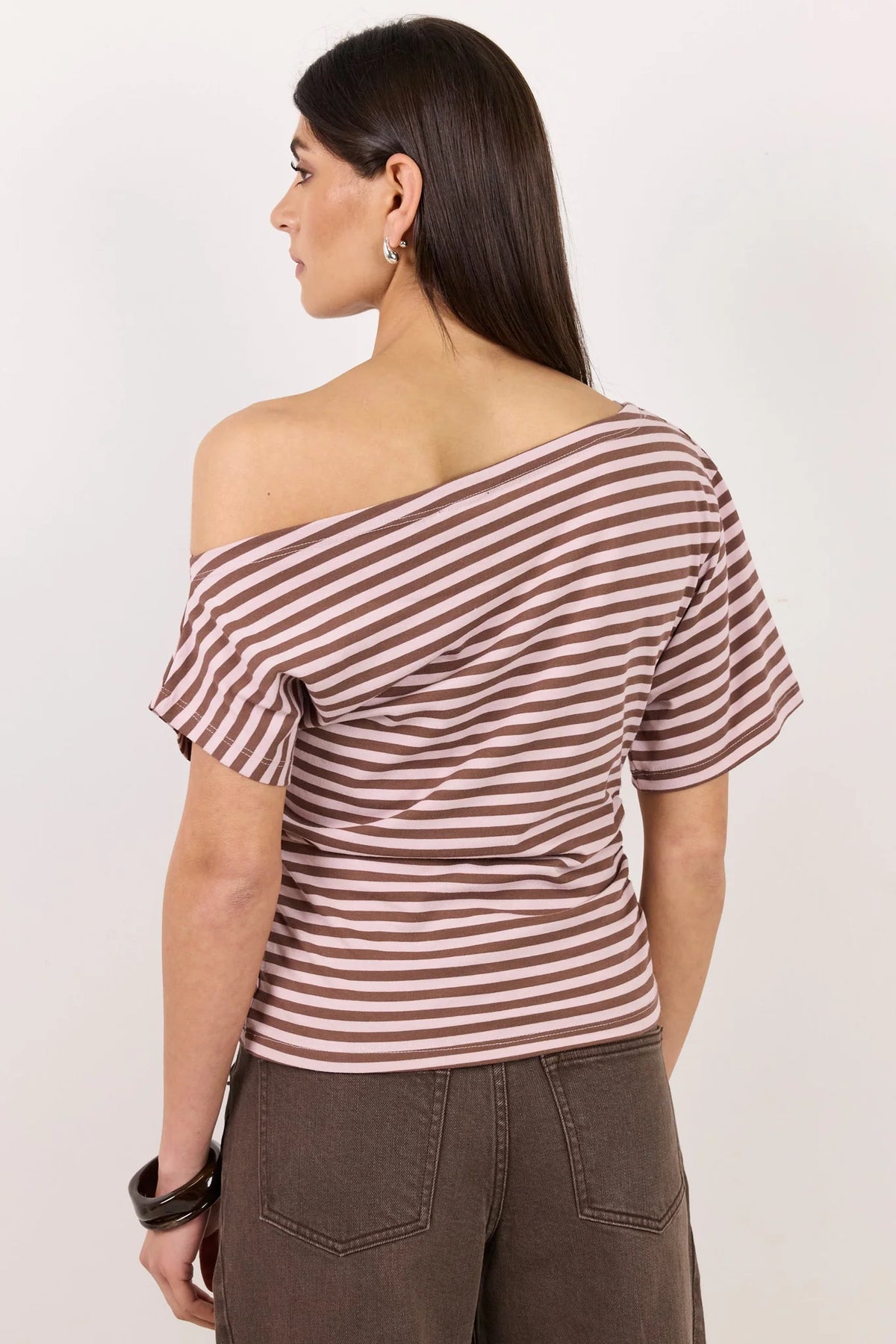 Distant Blush and Mocha Stripe Cotton Blend Off Shoulder Tee