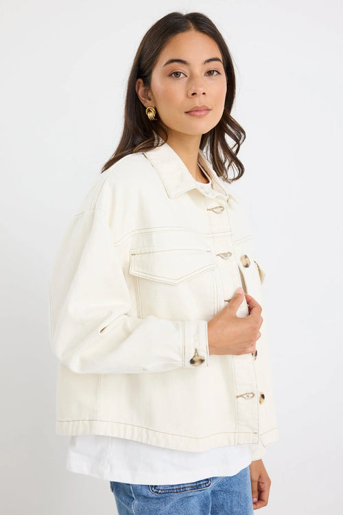 - Long sleeve relaxed silhouette
- Button front closure with contrast stitching
- Patch pockets for a utility inspired finish
- Full length hem, ideal for layering
- Fabric composition: 100% cotton