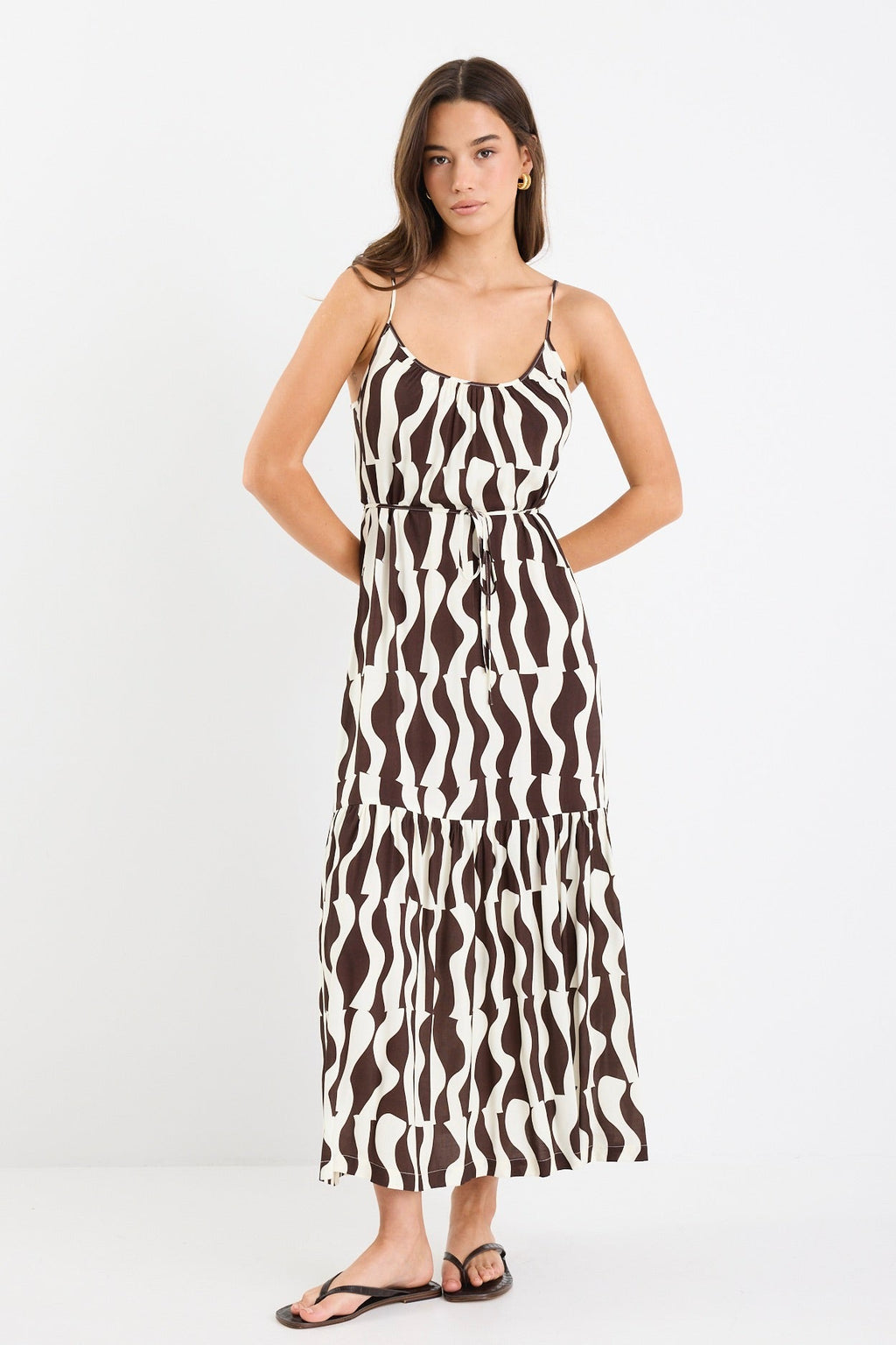 Bold chocolate and cream geometric print

Strappy sleeves for a relaxed summer feel

Tiered design for movement and flow

Lightweight, breathable fabrication

Easy, throw-on silhouette for everyday wear

Fabric Composition
100% Viscose