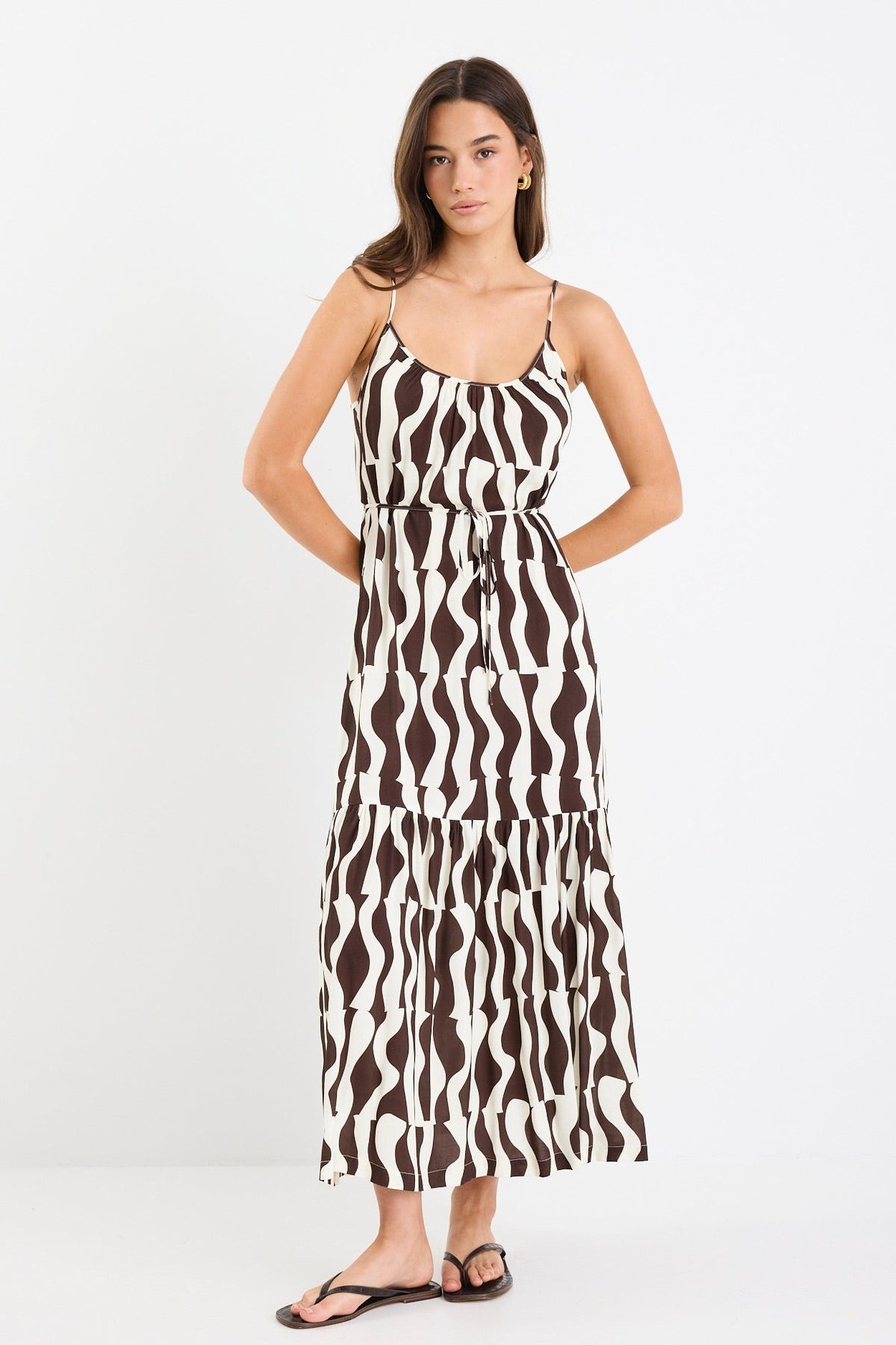 Bold chocolate and cream geometric print

Strappy sleeves for a relaxed summer feel

Tiered design for movement and flow

Lightweight, breathable fabrication

Easy, throw-on silhouette for everyday wear

Fabric Composition
100% Viscose