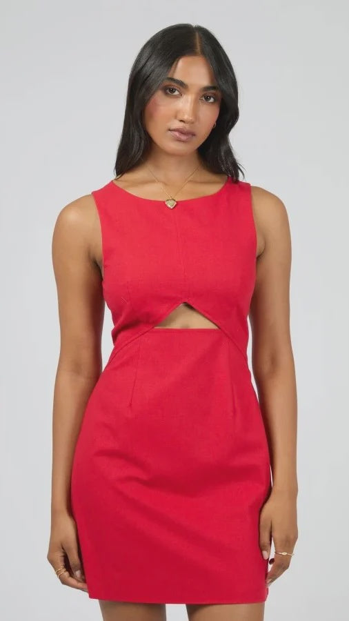 Mini length for a fresh, modern look

Tailored silhouette with subtle waist darts

Chic side cutout detailing

Back zip closure for a secure, streamlined fit

Lightweight blended fabric: 40% Viscose, 40% Linen, 10% Cotton, 10% Polyester

Perfect for day-to-night styling