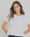Classic crew neckline for timeless style

Short sleeves with rolled cuffs

Shirred waist detail for a flattering, tailored fit

Flared peplum-style hem for feminine movement

Made from soft, breathable 100% cotton