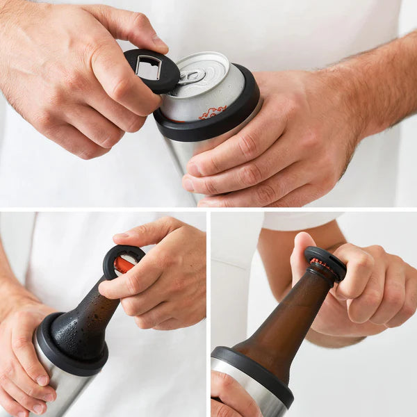 Triple insulated marine grade 316 stainless steel
Double walled, vacuum insulated and copper lined
Fits most 440ml, 473ml, 500ml and 568ml cans
Detachable 3-in-1 can and bottle opener built into the base
Dual-function design works as a cooler and a 500ml tumbler
No condensation keeps hands and tables dry