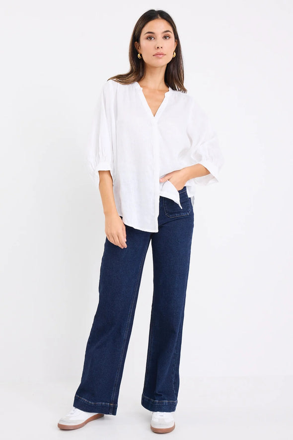 BY ROSA Deity White Linen Puff Sleeve Blouse