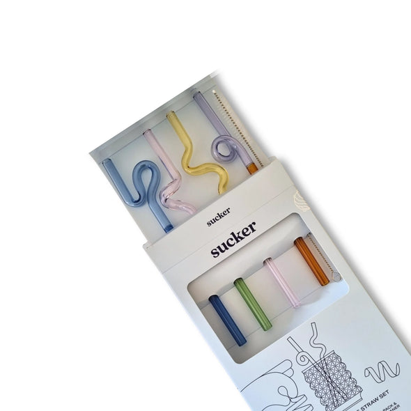 Reusable Glass Straws Curly Set Multi-Coloured