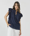 Elevate your summer wardrobe with Drama the Label's "Cards Top". This elegant top features delicate Embroidery Anglaise and a stylish Chinese Collar, along with a half-placket Button front and Sleeveless design. The cascading Frill adds a touch of grace, and the top is fully lined for comfort and quality. Pair it with Drama Shorts or Pants for a chic and sophisticated look!