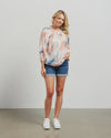 Embrace effortless beauty in our pretty Talia top. It showcases a gather tie neck detail, 3/4 length raglan sleeves that gather into narrow cuffs, and a relaxed fit. Made in a delicate rayon blend print, it exudes femininity and charm, perfect for adding a touch of whimsy to your summer wardrobe.

COLOUR
Sunset Print

FABRIC INFO
85% Rayon 15% Nylon