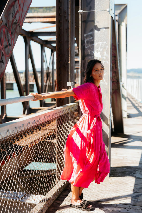 Feminine cap sleeves with a relaxed fit
Button-down front for versatile styling
Curved bodice panels for subtle shape
Self-tie waist to cinch and flatter
Soft and lightweight
70% Rayon, 30% Nylon blend
