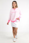 Meet your new go-to layer....The Foxwood Simplified Crew in Neon Pink Stripe. This vibrant piece is designed for effortless style and comfort, making it a must-have addition to your casual wardrobe. The crew features a relaxed round neck, trendy hi-lo hemline with side splits, and raw edge detailing that adds a touch of edge to your everyday looks. The embroidered Foxwood logo across the chest elevates the overall design, giving it that signature appeal.