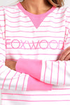 Meet your new go-to layer....The Foxwood Simplified Crew in Neon Pink Stripe. This vibrant piece is designed for effortless style and comfort, making it a must-have addition to your casual wardrobe. The crew features a relaxed round neck, trendy hi-lo hemline with side splits, and raw edge detailing that adds a touch of edge to your everyday looks. The embroidered Foxwood logo across the chest elevates the overall design, giving it that signature appeal.