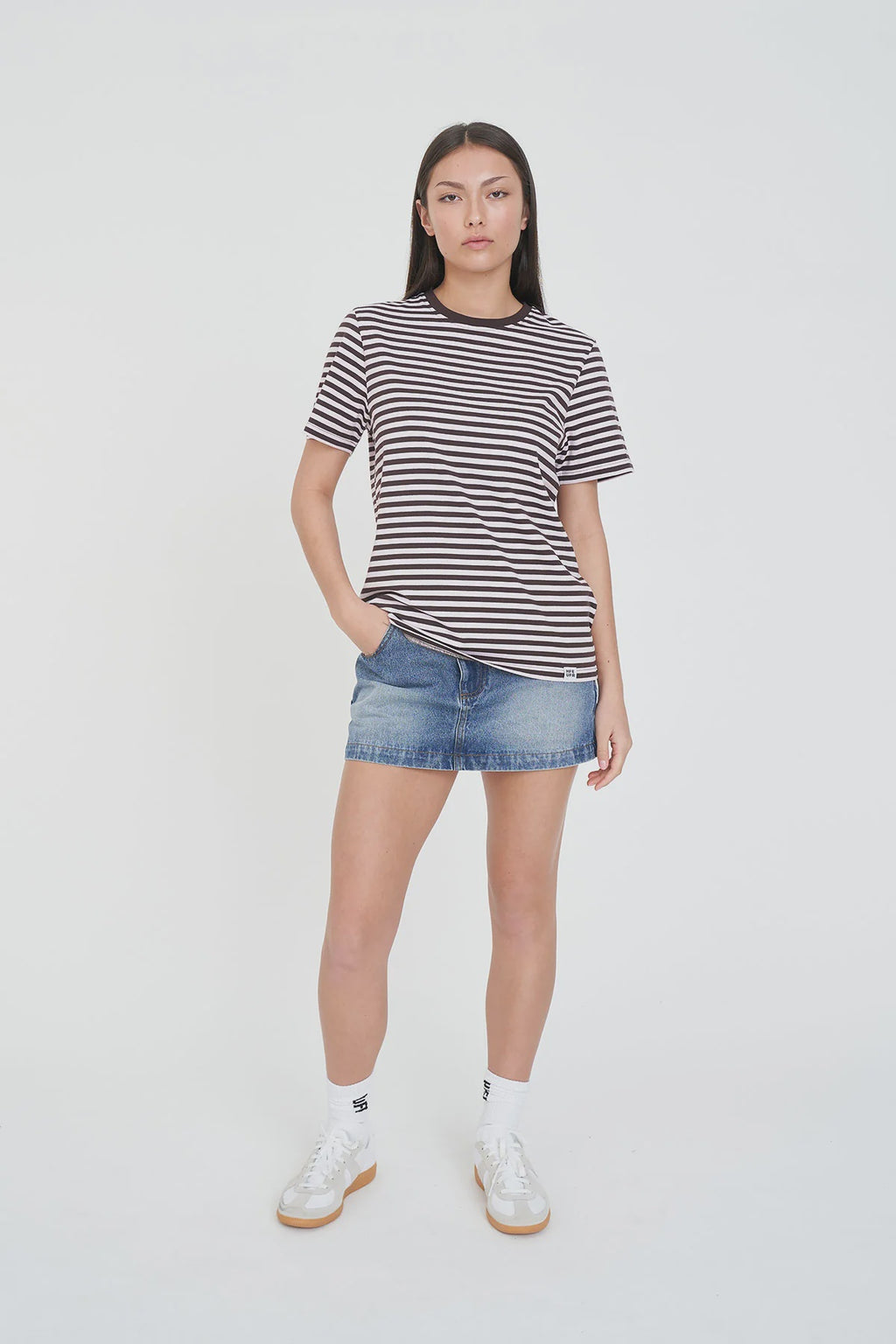 Fitted silhouette
Classic crew neckline
Cap sleeves
Custom Huffer yarn-dyed stripe
Signature Huffer woven label
Soft stretch jersey
97% Cotton | 3% Elastane
186gsm fabric weight