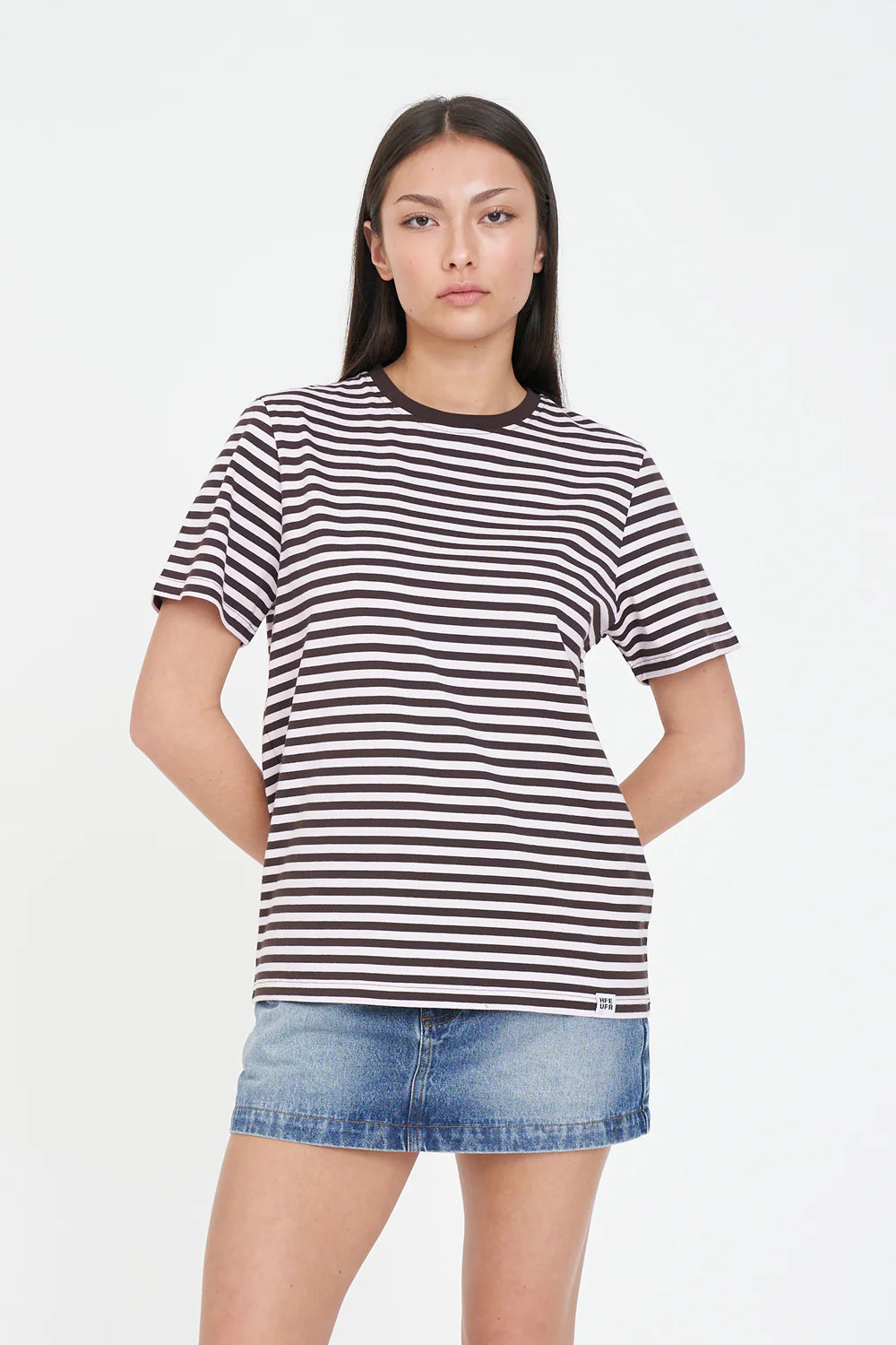 Fitted silhouette
Classic crew neckline
Cap sleeves
Custom Huffer yarn-dyed stripe
Signature Huffer woven label
Soft stretch jersey
97% Cotton | 3% Elastane
186gsm fabric weight