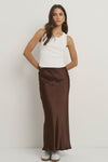 - Pull-on style with comfortable elastic waist
- Bias cut creates a softly draped silhouette
- Chocolate hue in silky rayon-viscose blend
- Midi length offers versatile styling options
- Delicate fabric with a luxurious silky feel, 60% Rayon, 40% Viscose