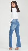 A classic flared jean in a soft stretch denim with a slim fit through the waist and thighs.

Fixed waist band with belt loops, zip fly, 70.5% cotton, 27.5% polyester, 2% spandex. Classic 5 pocket design.&nbsp;