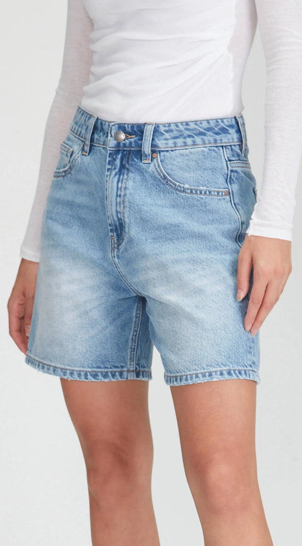 Mid/high waisted rigid denim A line denim shorts.

Ngaio Blue is a great mid length option that is not too long &amp; not too short. In a perfect Blue colour. Can be worn baggy or more fitted as preferred.&nbsp;