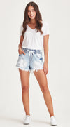 Rigid denim frayed shorts with an elastic waist band and shoe string tie. In the perfect faded light blue.

Can be worn higher or lower on the waist as preferred. Medium length with good coverage.