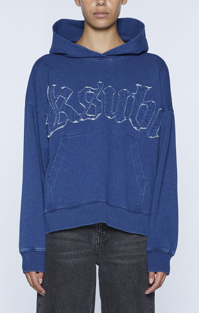 Relaxed boxy fit hoodie made from a premium loop-back indigo look fleece. It features a seasonal scribe Ksubi logo update and large scaled 3x4 in self applique