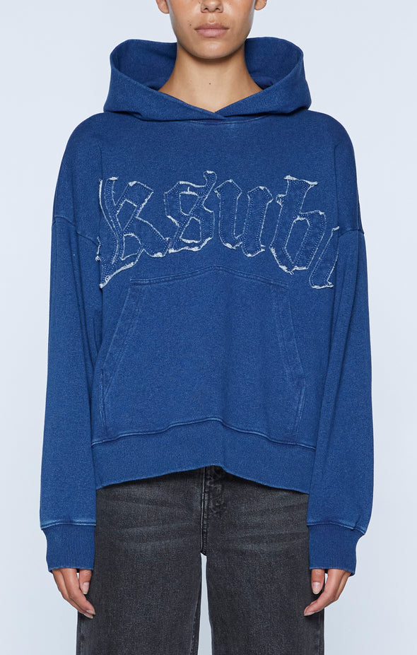 Relaxed boxy fit hoodie made from a premium loop-back indigo look fleece. It features a seasonal scribe Ksubi logo update and large scaled 3x4 in self applique