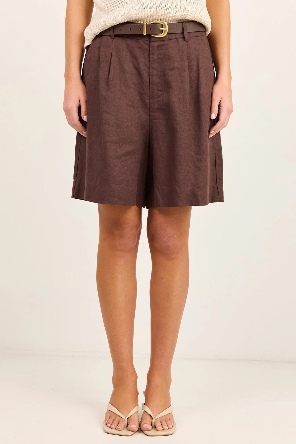 Literal Dark Chocolate Linen Pleat Front Short Dark Chocolate