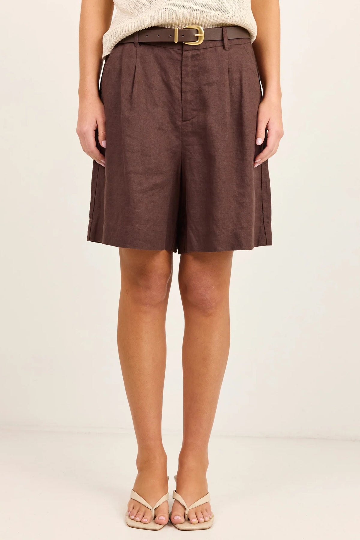 Literal Dark Chocolate Linen Pleat Front Short Dark Chocolate