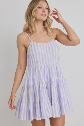 Love Lulu Memphis Lilac Stripe Strappy Tiered Mini Dress