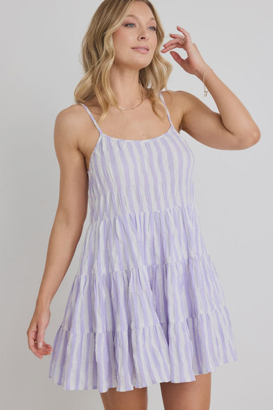 Love Lulu Memphis Lilac Stripe Strappy Tiered Mini Dress