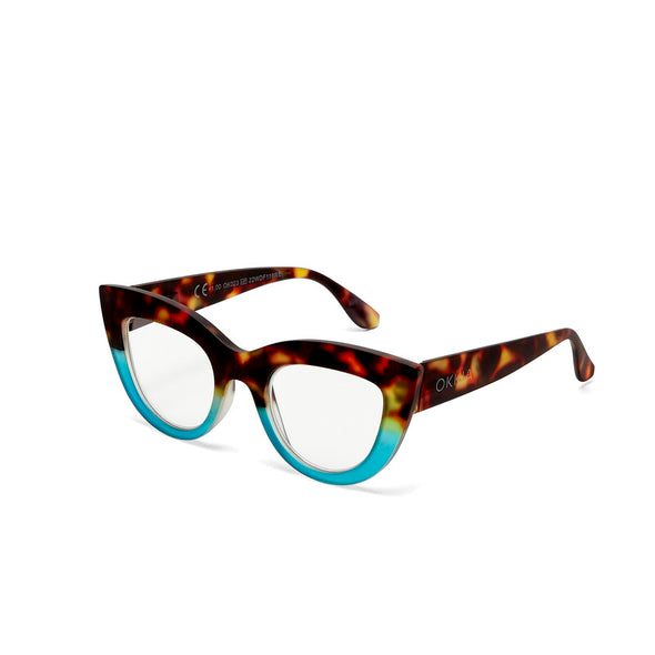 Category: Reading Glasses

Frame colour: Havana and Blue

Iconic Cat Eye silhouette with raised corners and large lenses

Crafted with OKKIA’s signature soft-touch material for comfort

Designed for clarity, comfort, and timeless style