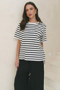 Black and white stripe design

Oversized, boxy fit

Classic crew neckline

Short sleeves

Soft, breathable cotton blend

Comfortable stretch for everyday wear

Fabric Composition
95% Cotton, 5% Elastane