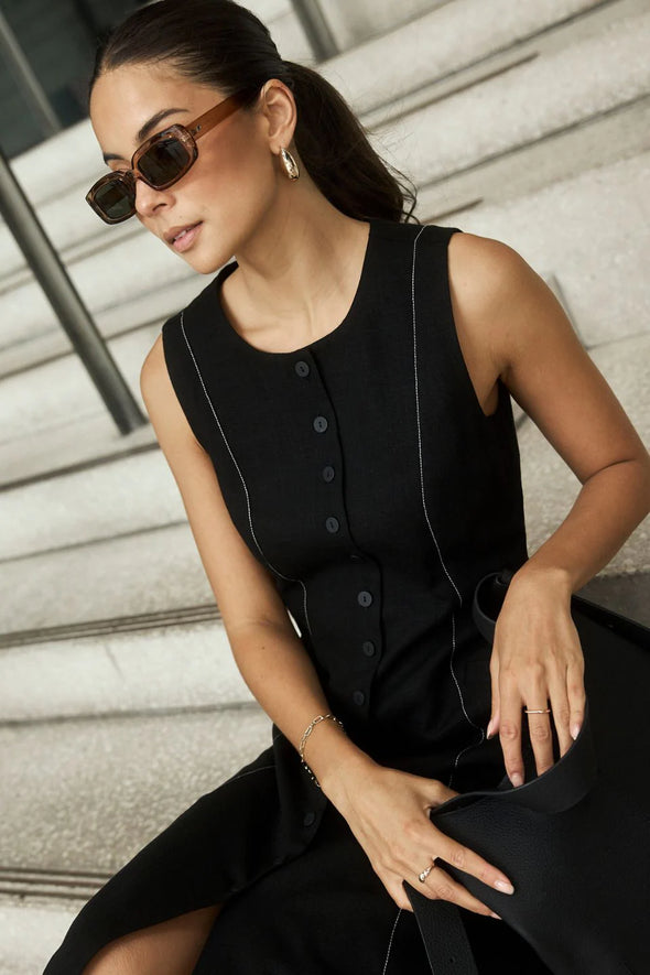 Re:Union Guide Black Contrast Stitch Maxi Vest Dress