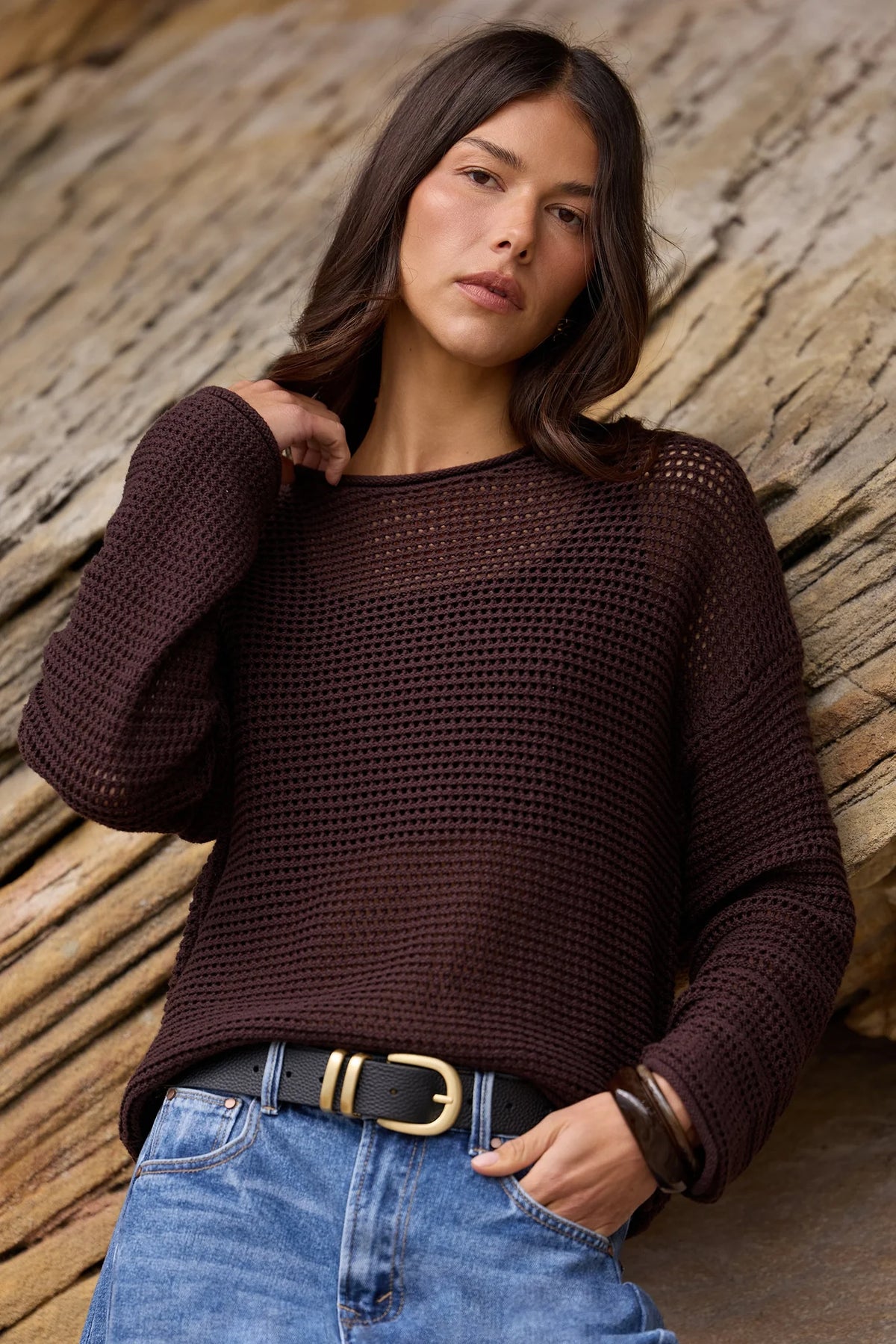 Re:Union Dawn Dark Chocolate Crochet Knit Jumper