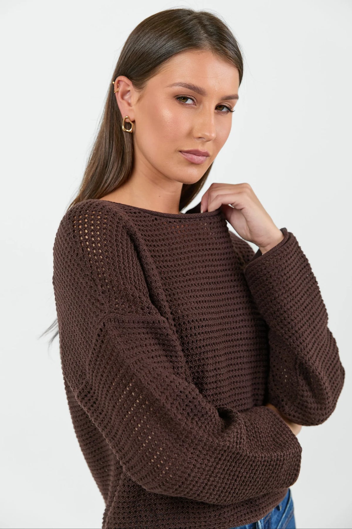 Re:Union Dawn Dark Chocolate Crochet Knit Jumper