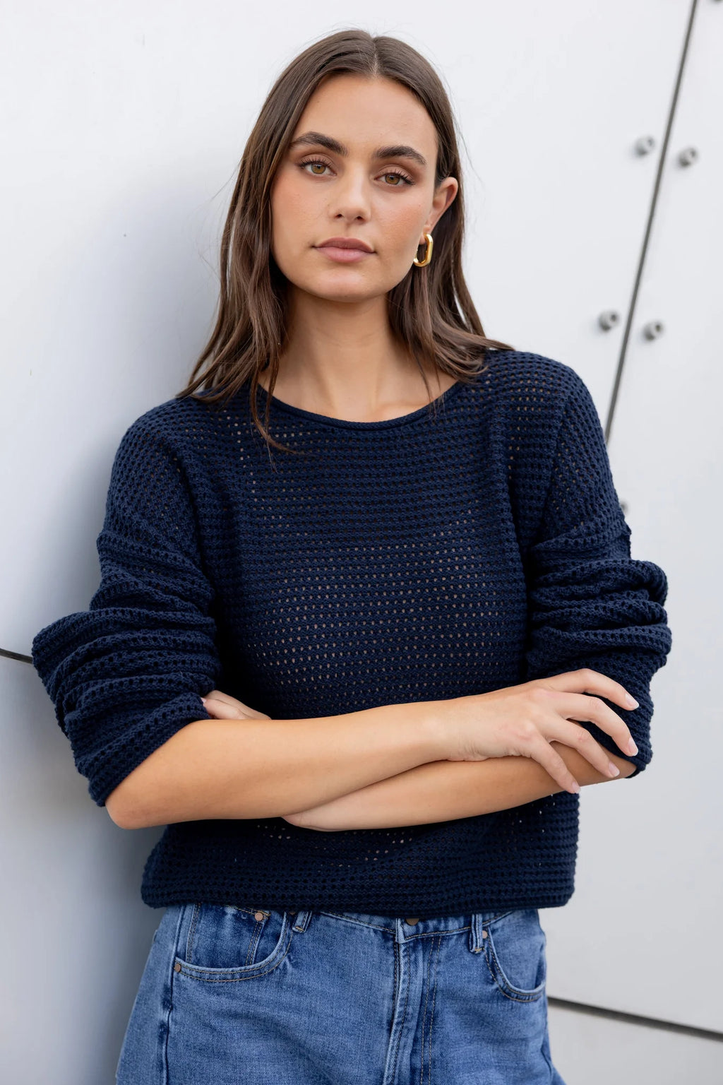 Dawn Ink Navy Crochet Knit Jumper