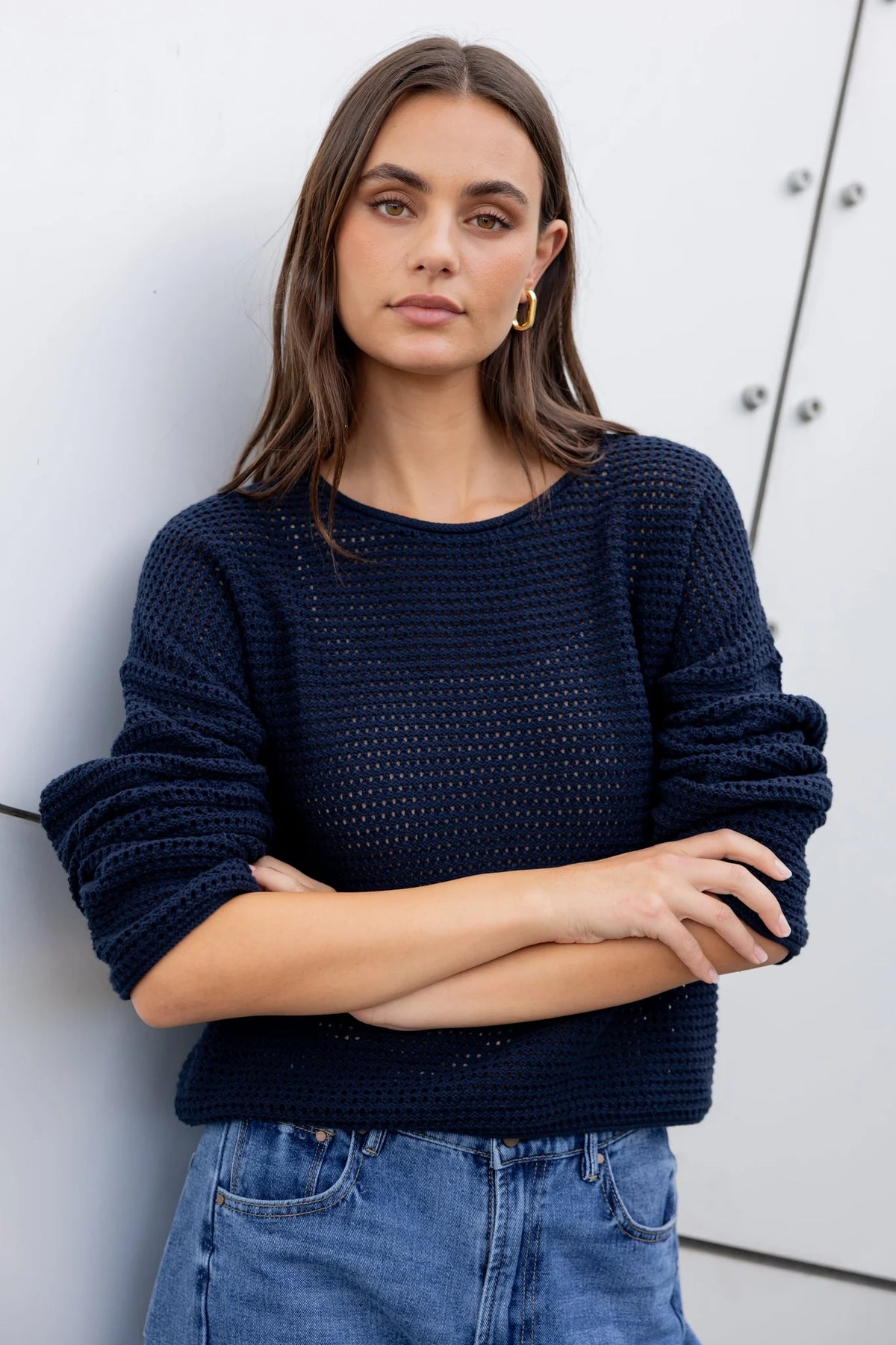 Dawn Ink Navy Crochet Knit Jumper