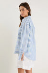 Oversized silhouette for a relaxed, contemporary fit

Long sleeves with button cuffs for versatile rolling and styling

Vertical stripe print for a timeless and flattering look

Full button-front design for easy layering and styling options

Soft, breathable linen-viscose blend for all-day comfort

Fabric: 55% Linen, 45% Viscose