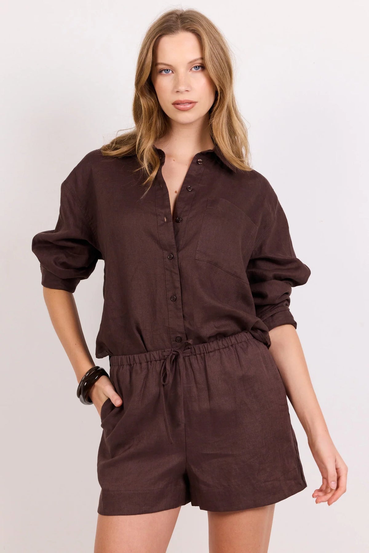 Lifestyle Dark Chocolate Linen Tie Waist Shorts