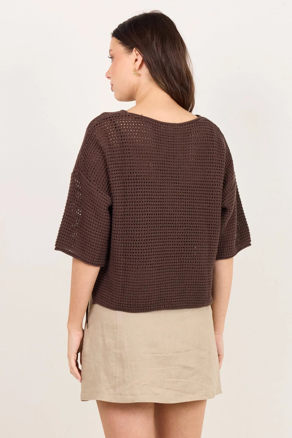 - Crew neckline
- Short sleeves
- Open crochet knit texture
- Relaxed fit
- Fabric Composition - 100% Cotton
- Natural fibre
