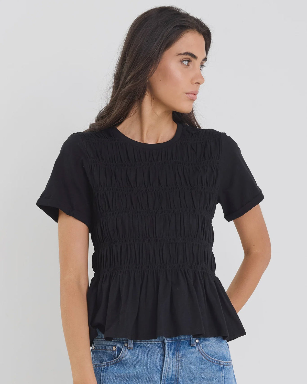 Classic crew neckline

Short sleeves for everyday ease

All-over shirred bodice for a flattering fit

Soft peplum hem adds feminine shape

Easy pull-on design

Made from natural fibres

Fabric composition: 100% cotton