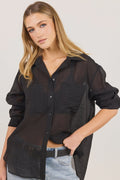 - Classic collar
- Long sleeves
- Button-through front
- Relaxed oversized fit
- Semi-sheer fabrication
- Delicate garment care
- Fabric Composition - 70% Viscose 30% Nylon
