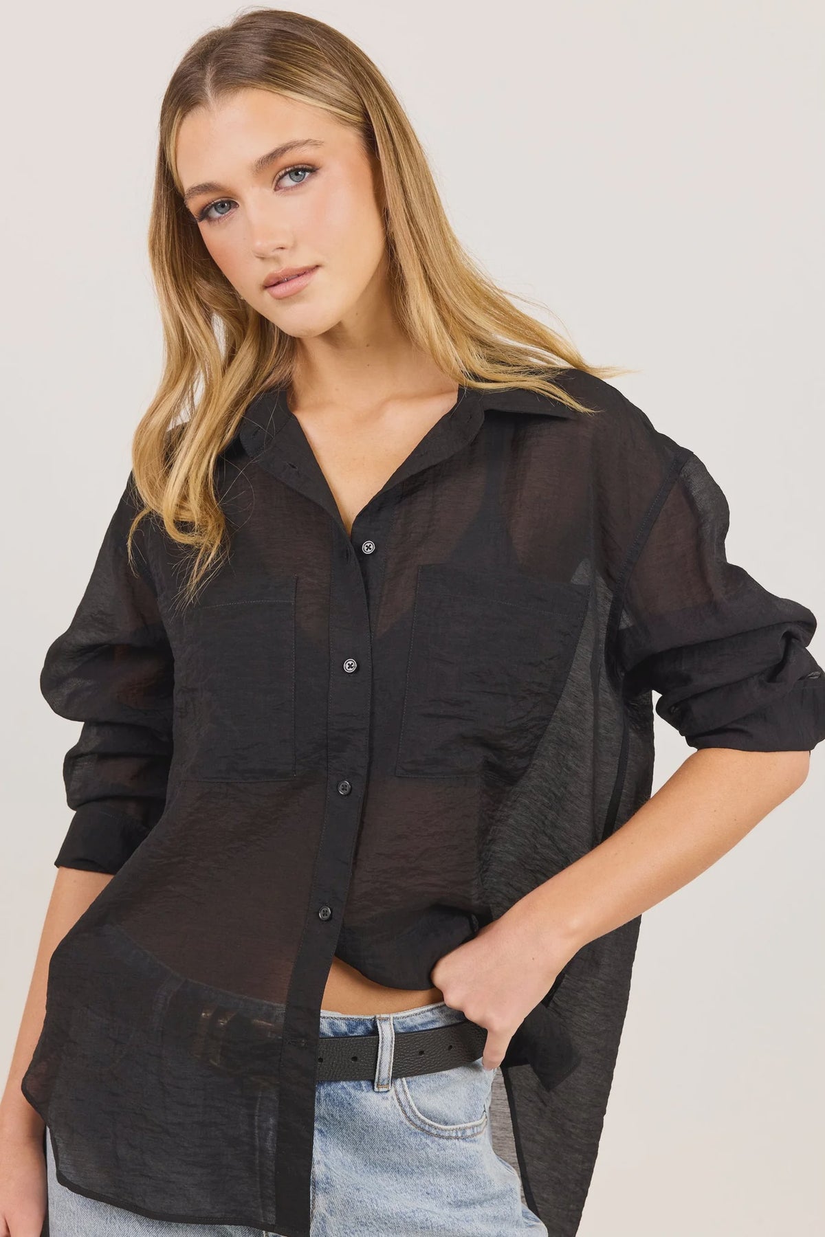 - Classic collar
- Long sleeves
- Button-through front
- Relaxed oversized fit
- Semi-sheer fabrication
- Delicate garment care
- Fabric Composition - 70% Viscose 30% Nylon