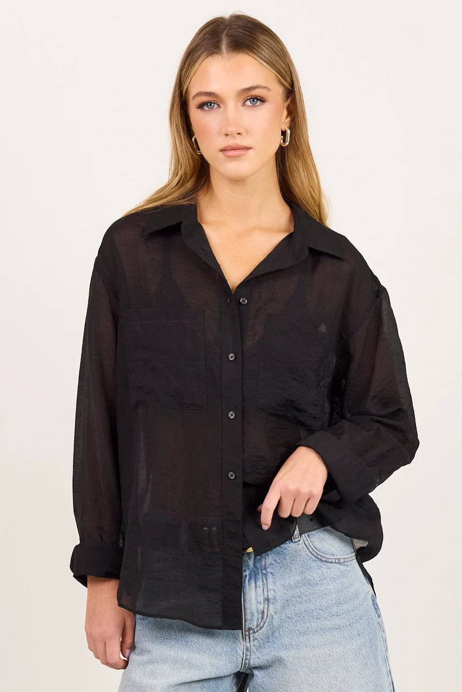 - Classic collar
- Long sleeves
- Button-through front
- Relaxed oversized fit
- Semi-sheer fabrication
- Delicate garment care
- Fabric Composition - 70% Viscose 30% Nylon