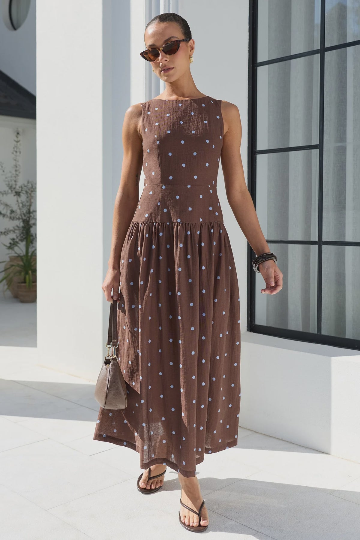 Results Mocha Blue Polka Dot Shirred Back Sleeveless Maxi Dress