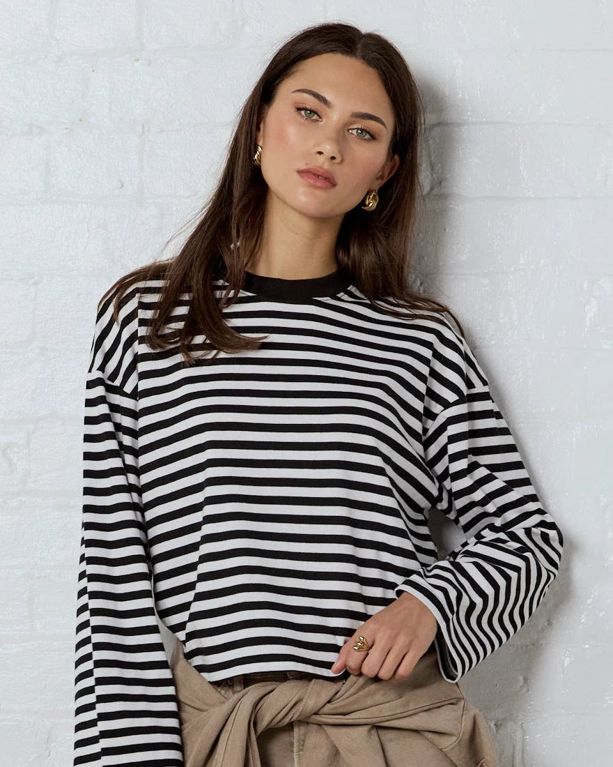 Stories Be Told Unite Black White Stripe Long Sleeve Binding Tee