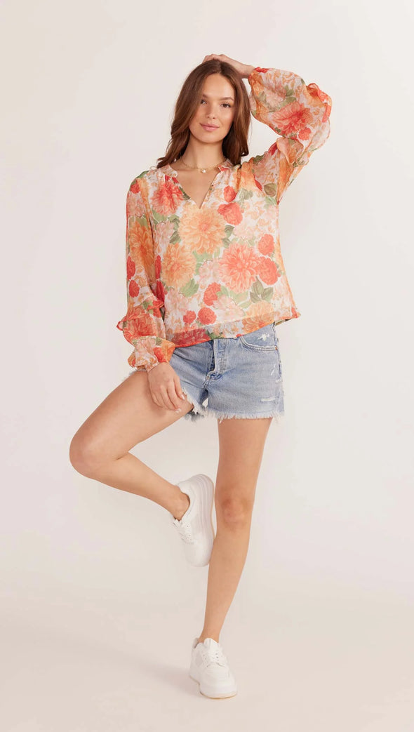 The Aida Long Sleeve Blouse is the top you need when you want to be comfy but be bold in a signature print. Floaty silhouettes and blooming florals all exclusive to MINKPINK. Style with your favourite denim bottoms or white linen for a summer classic look that will keep you cool and looking fabulous.

- Exclusive MINKPINK print
- Regular length
- Full length sleeves
- V neckline
- Lined

Our model is 175cm tall and wears a size Small

75% Viscose 25% Polyamide, Lining: 100% Viscose
- Hand wash with mild soa