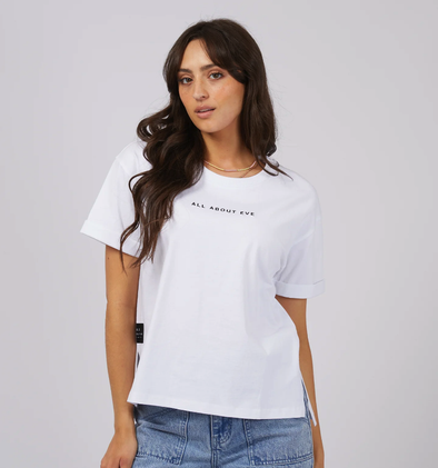 Get ready to rock the weekend with the All About Eve Washed Tee. This trendy top features a stylish garment wash and boasts a branded chest embroidery. Pair it with your favorite denim jeans and sneakers for the ultimate chic and effortless look.