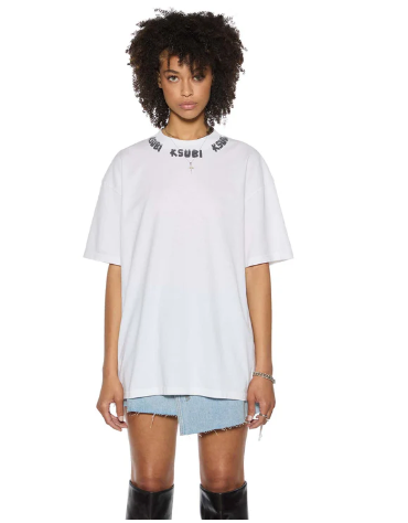 Made from premium European heavyweight cotton jersey, this boxy oversized t-shirt features a dropped shoulder and raw cut back hem for a comfortable fit. The vintage white wash adds a unique touch, while the Scrawl Ksubi logo smash printed around the neck rib band in contrast charcoal makes a bold statement. Get ready to turn heads with this tee, finished off with T-box embroidery.