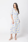 Midi length for a versatile silhouette

Flattering V-neckline

Puffed short sleeves for a romantic touch

Button-down front closure

Lightweight and breathable fabric