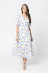 Midi length for a versatile silhouette

Flattering V-neckline

Puffed short sleeves for a romantic touch

Button-down front closure

Lightweight and breathable fabric